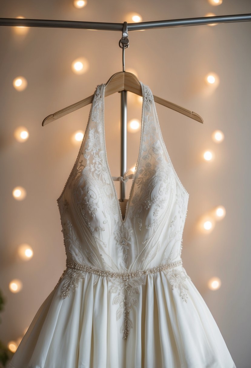 A vintage-inspired halter dress hangs on a mannequin, adorned with delicate lace and intricate beading, set against a backdrop of soft, romantic lighting