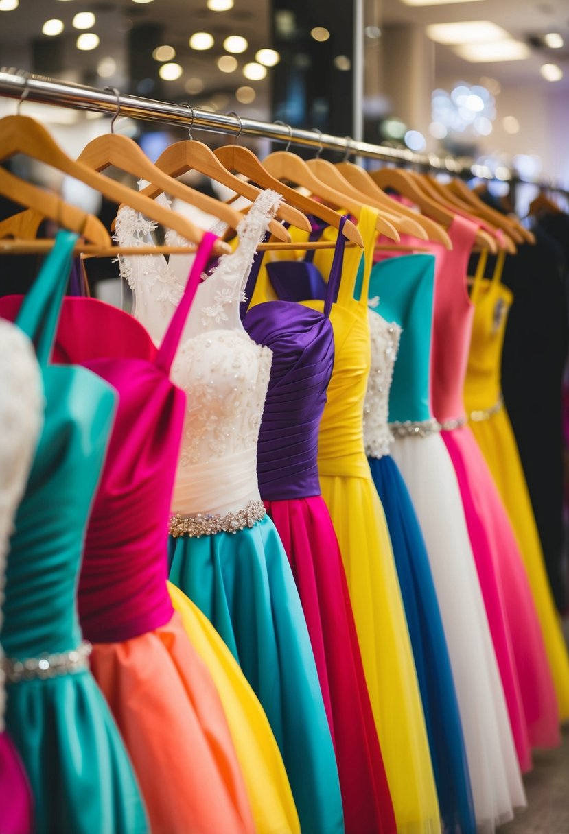 A row of colorful, cheeky mini wedding dresses on display