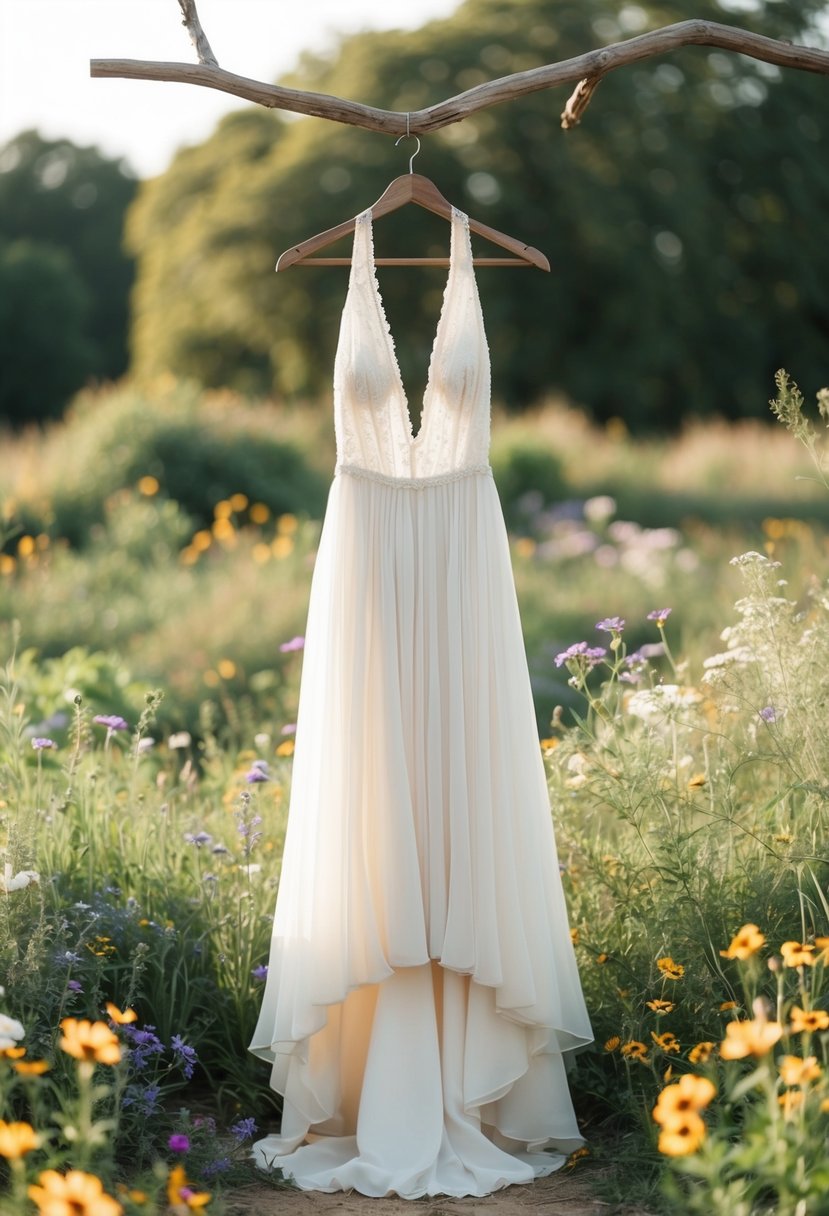 A flowing, bohemian halter wedding dress hangs on a rustic wooden hanger, surrounded by wildflowers and vintage lace