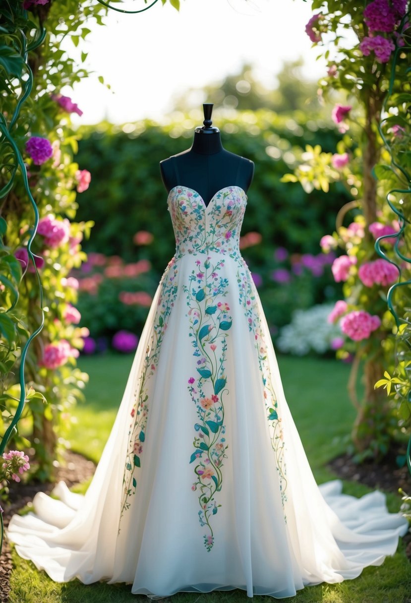 A flowing wedding gown adorned with whimsical floral patterns, surrounded by a garden of vibrant blooms and twisting vines