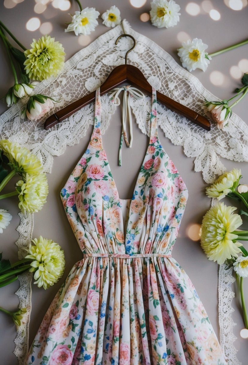 A flowing floral halter dress hangs on a vintage wooden hanger, surrounded by delicate lace and blooming flowers