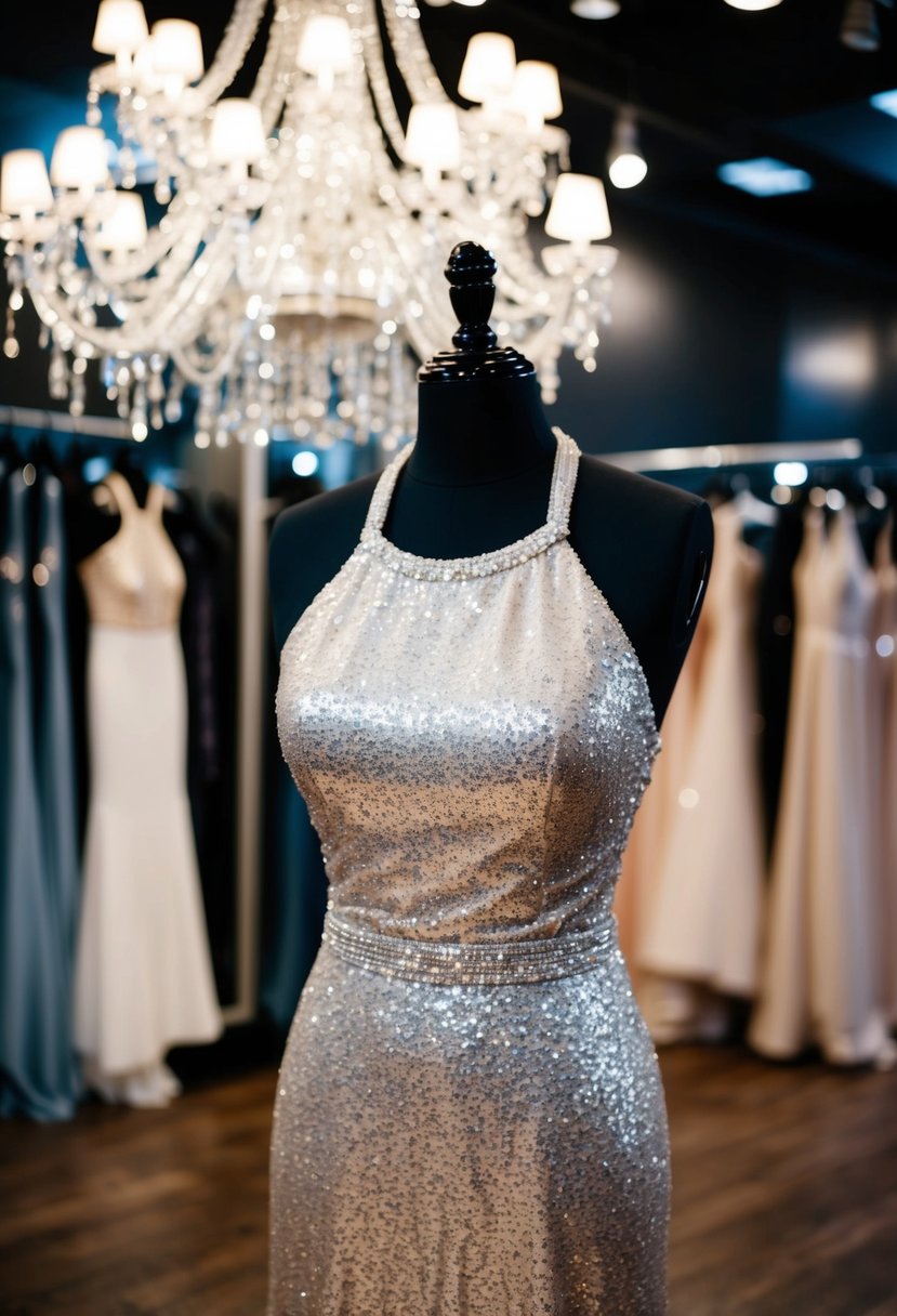 A sparkling sequin halter gown draped over a mannequin in a dimly lit bridal boutique