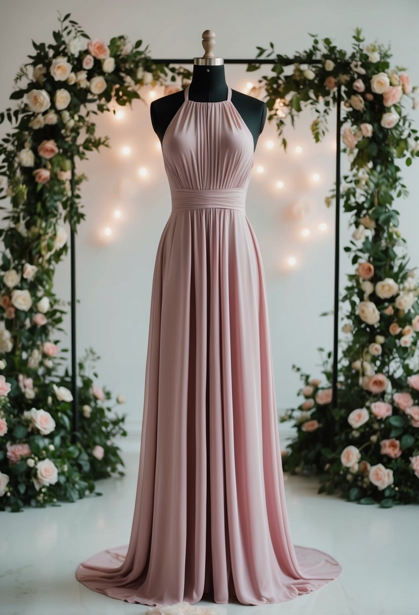 A flowing halter maxi dress on a mannequin, surrounded by floral arrangements and soft lighting