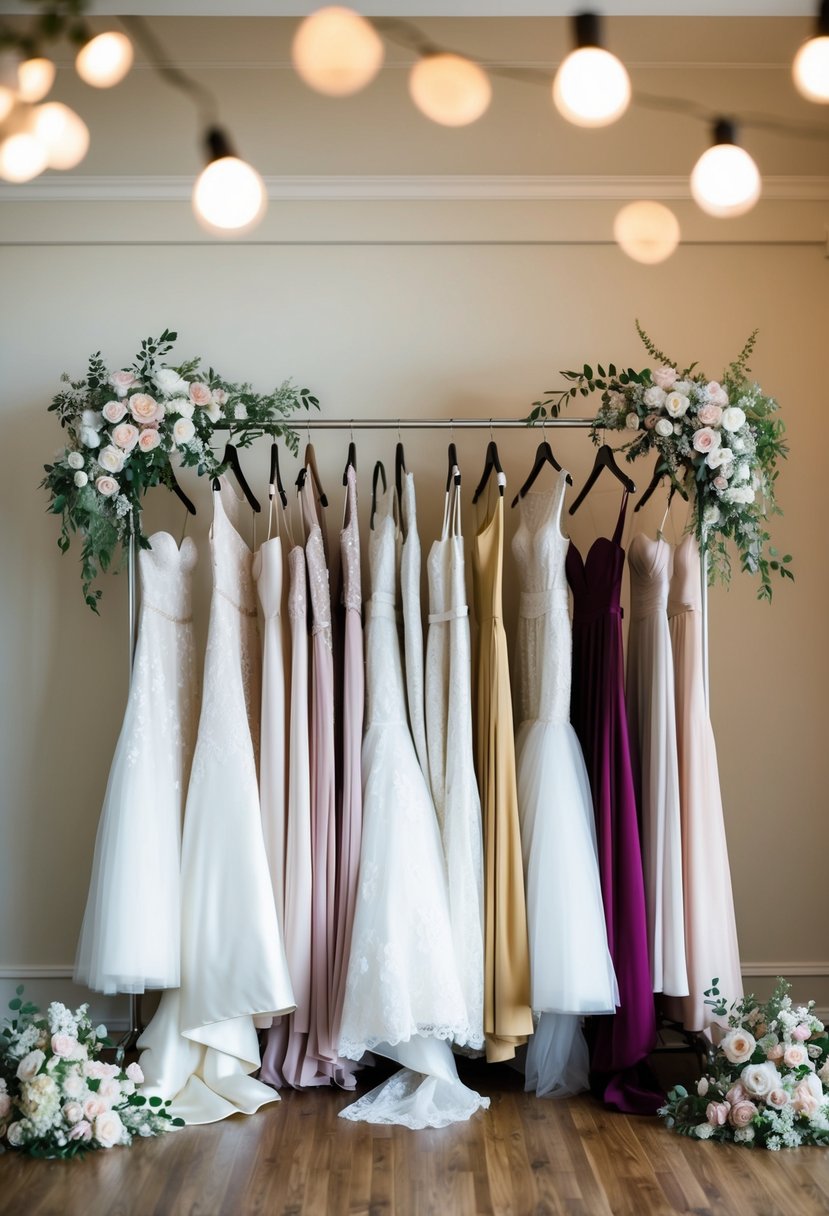 A rack of elegant wedding dresses in various styles and colors, surrounded by soft lighting and delicate floral decorations