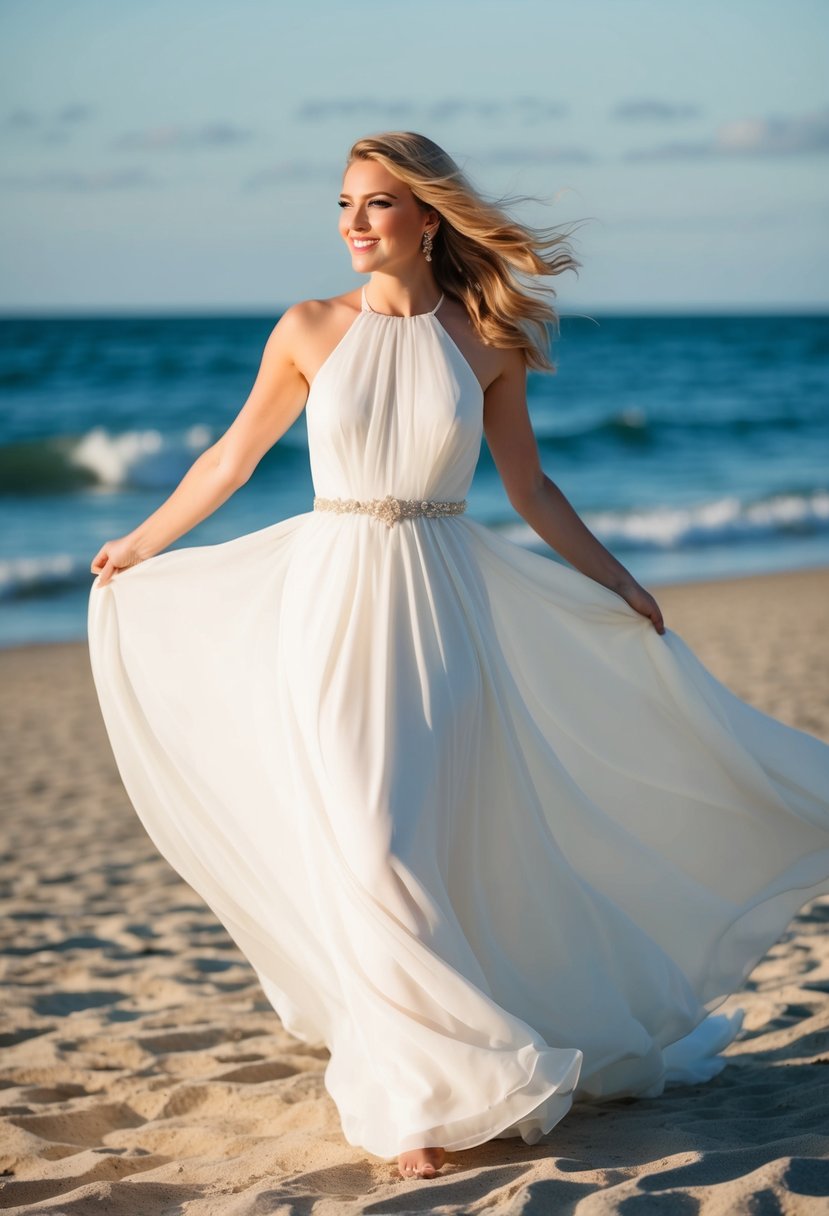 A flowing chiffon halter wedding dress blowing in the ocean breeze on a sandy beach