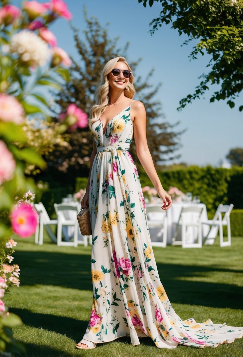 A sunny garden with blooming flowers, a flowing floral maxi dress, and a wedding setting in the background