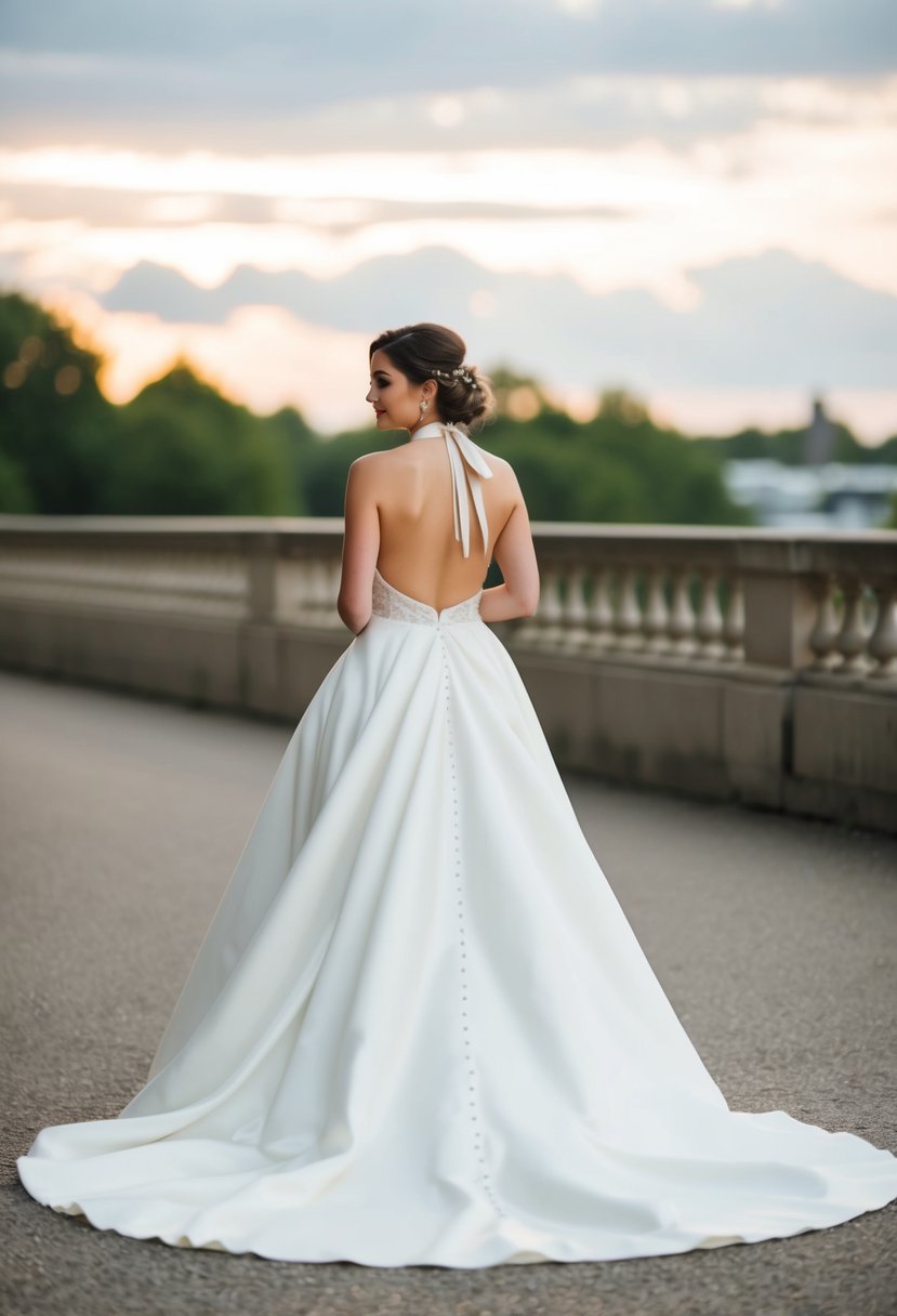 A train billows dramatically from a halter top wedding dress, flowing down to the ground