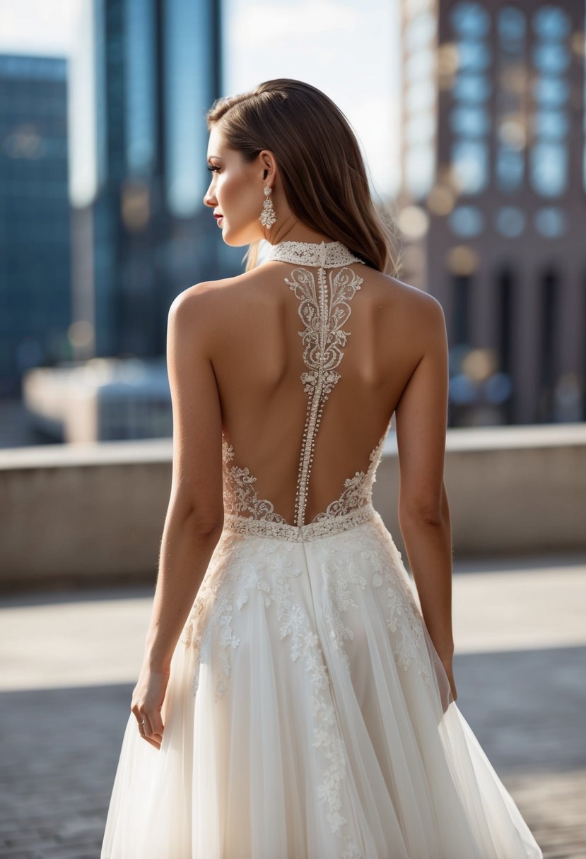 A halter top wedding dress with a plunging back design, adorned with delicate lace and intricate beading, flowing gracefully to the floor