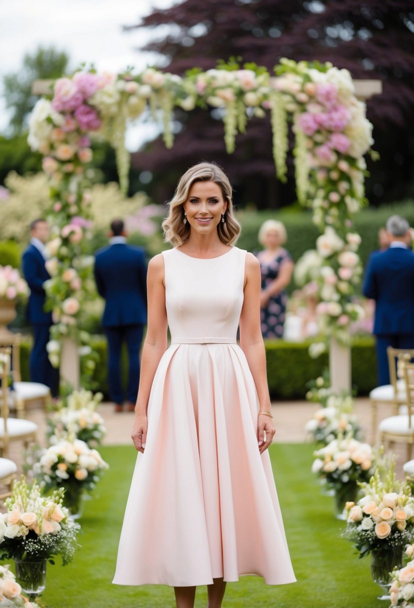 A woman in a pastel midi dress stands in a garden, surrounded by blooming flowers and elegant decorations, attending a formal wedding