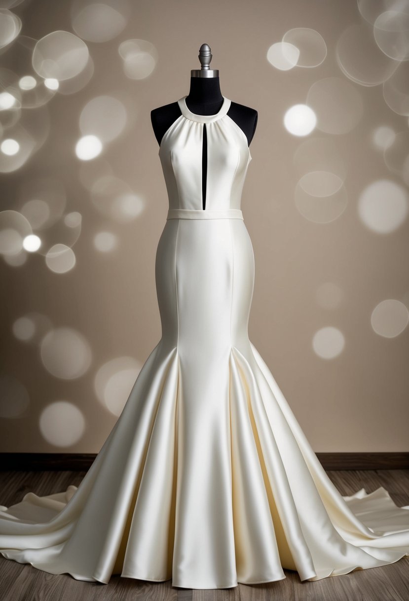 An elegant ivory satin mermaid dress with a halter neckline cascading down to a dramatic flared skirt