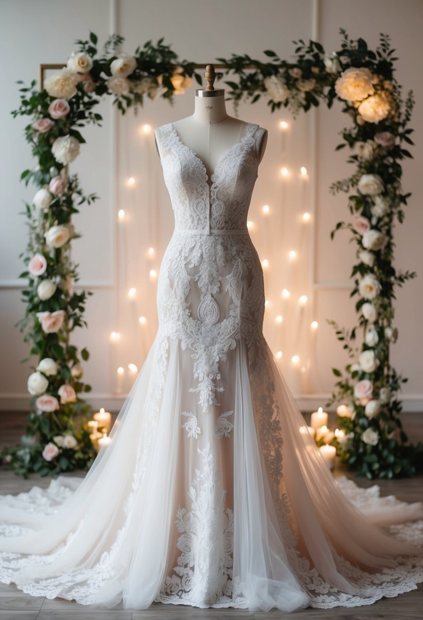 An elegant lace and tulle Italian wedding dress displayed on a mannequin, surrounded by delicate floral arrangements and soft romantic lighting