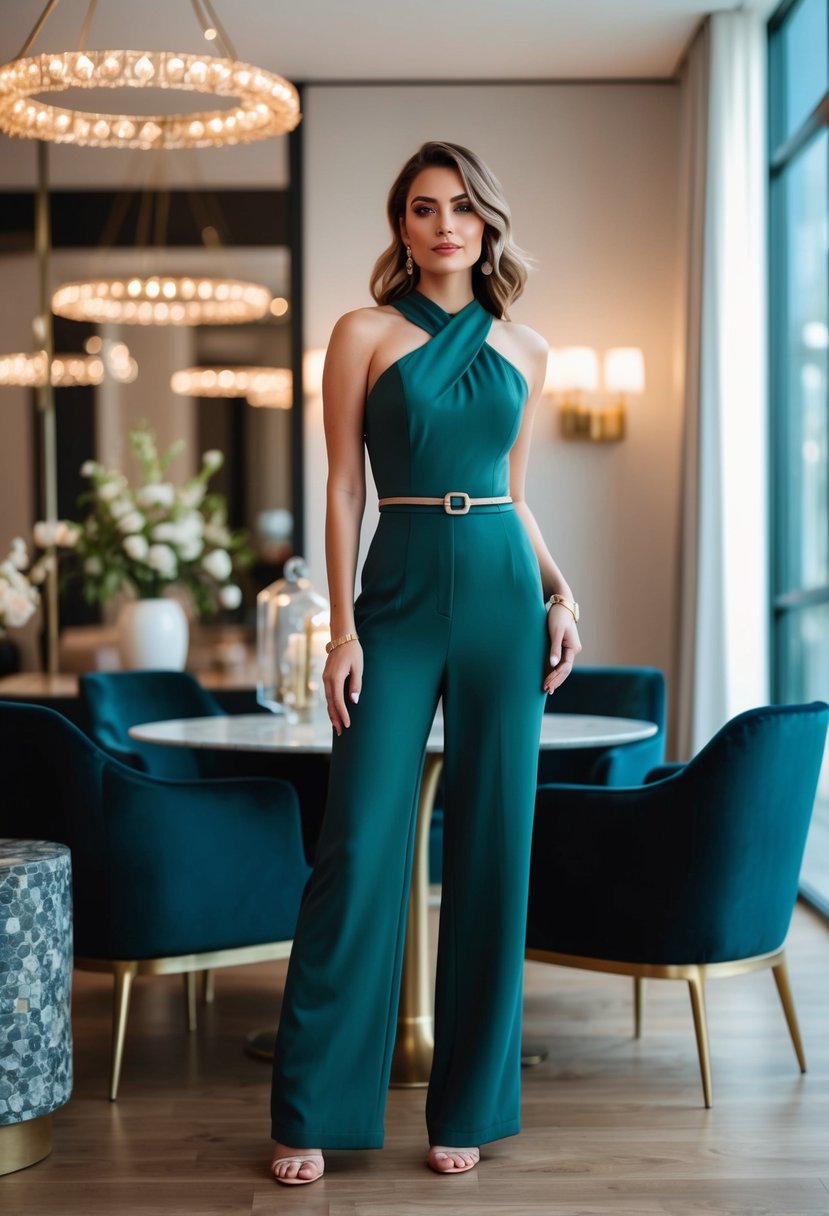 A chic jumpsuit in a modern setting with stylish decor and elegant ambiance