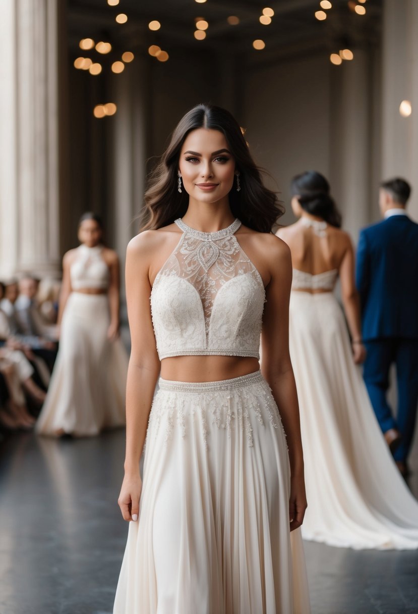 A flowing two-piece halter wedding ensemble with a cropped top and a long, billowy skirt, adorned with delicate lace and intricate beading