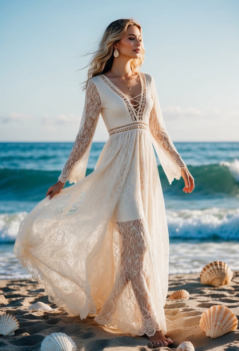 A bohemian lace dress flowing in the ocean breeze, surrounded by beachy elements like sand, seashells, and waves