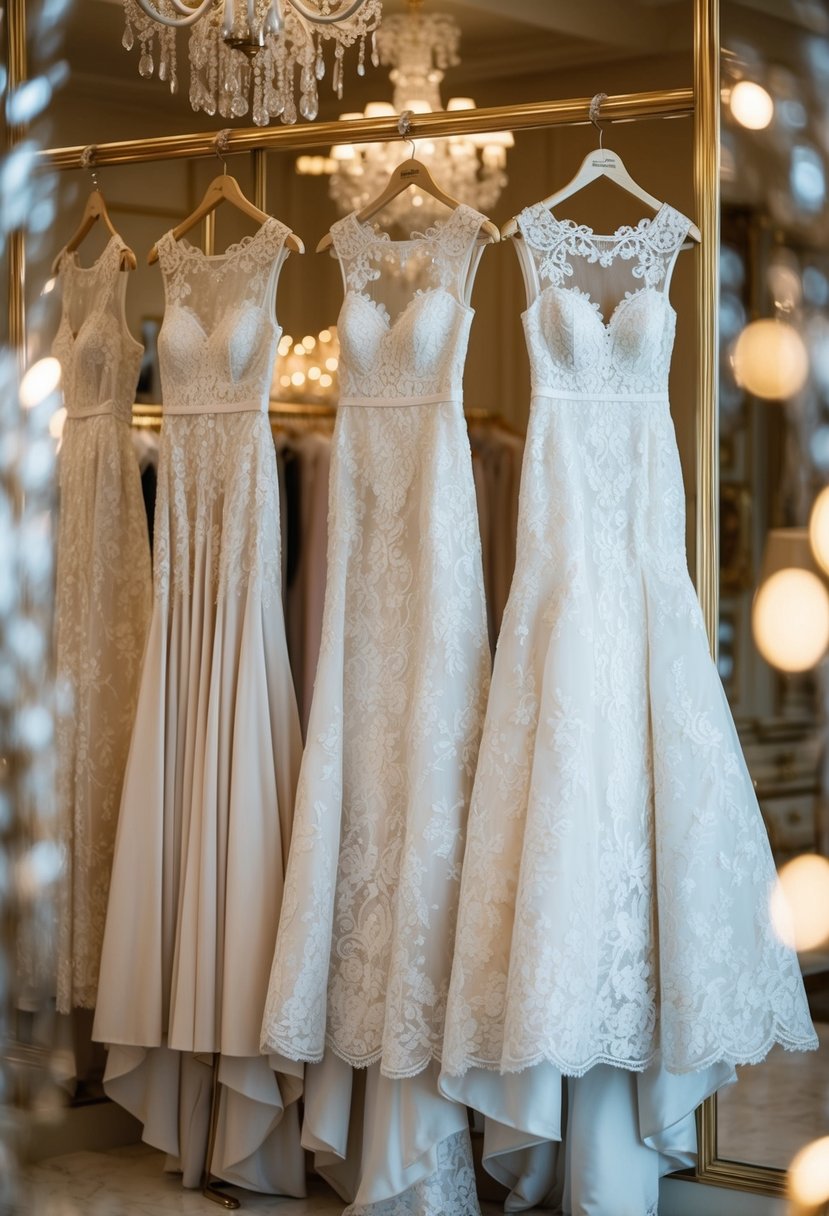 Elegant lace gowns hang on ornate hangers in a luxurious Italian bridal boutique, surrounded by soft lighting and opulent decor