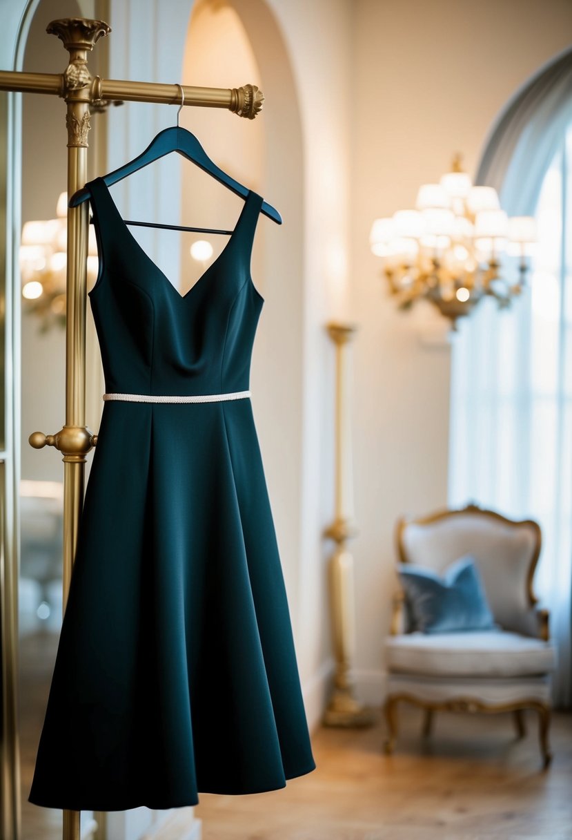 A sleek black dress hanging on a vintage coat rack, surrounded by soft lighting and elegant decor