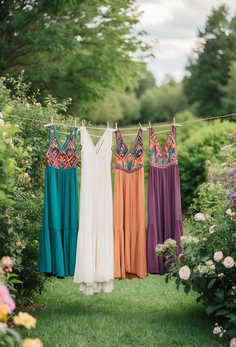 A rustic outdoor wedding with colorful bohemian dresses hanging from a line, surrounded by lush greenery and blooming flowers