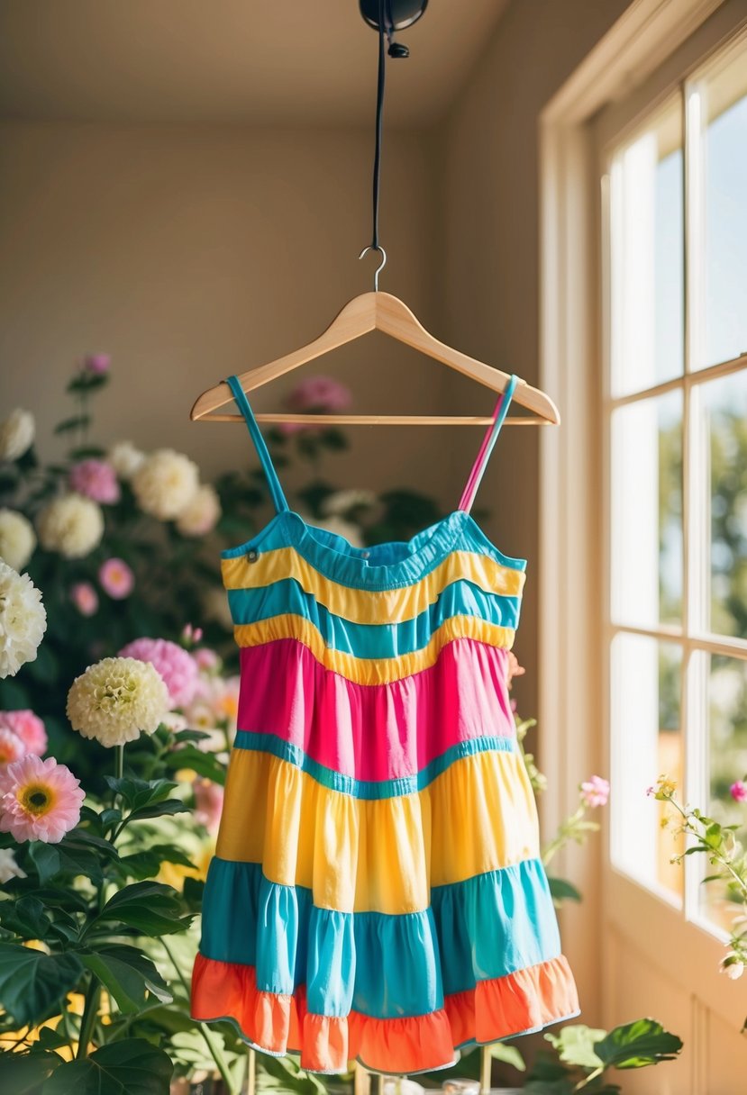 A colorful sundress hangs on a hanger in a sunlit room, surrounded by blooming flowers and a gentle breeze