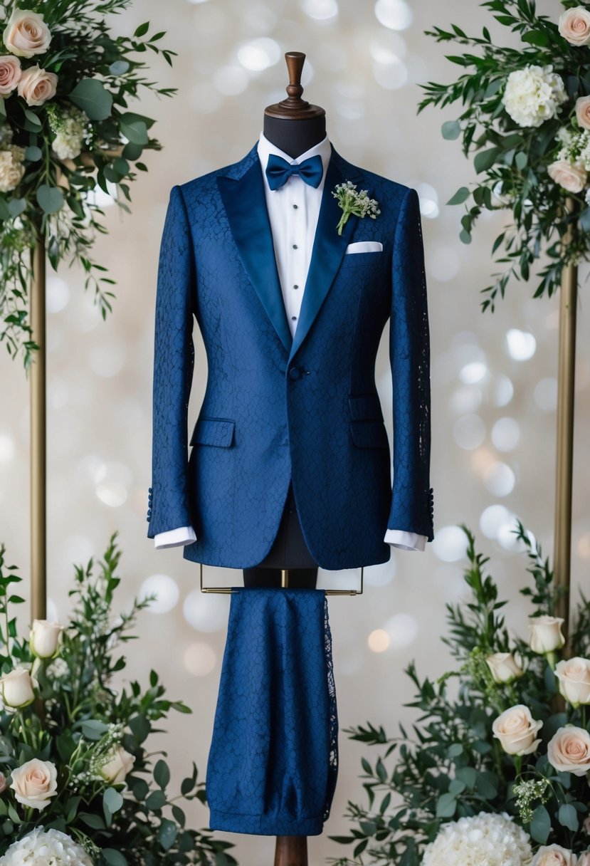 A lace suit draped over a mannequin, surrounded by Italian wedding decor and floral arrangements