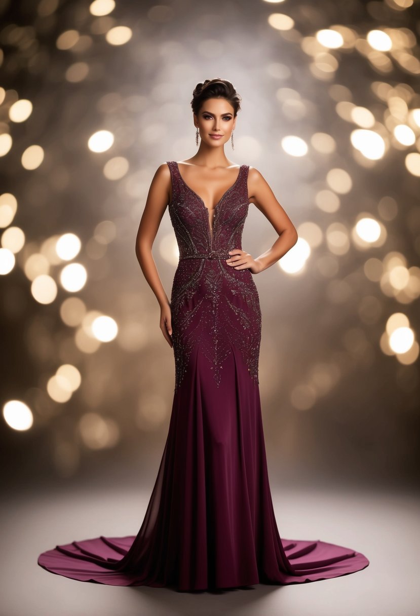 A flowing, floor-length gown in a rich, deep color, adorned with intricate beading and delicate lace details, exuding elegance and sophistication