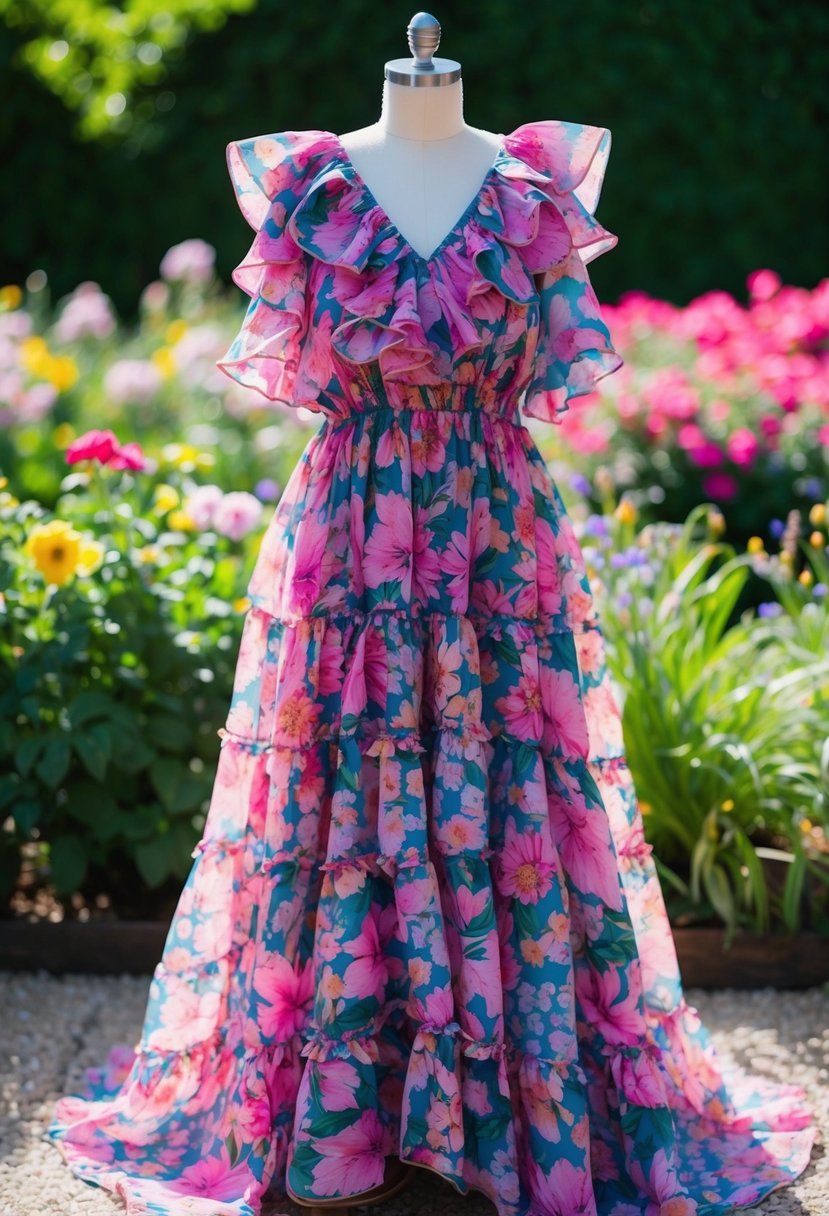 A flowy, ruffled dress in a vibrant floral print, set against a backdrop of blooming garden flowers and lush greenery