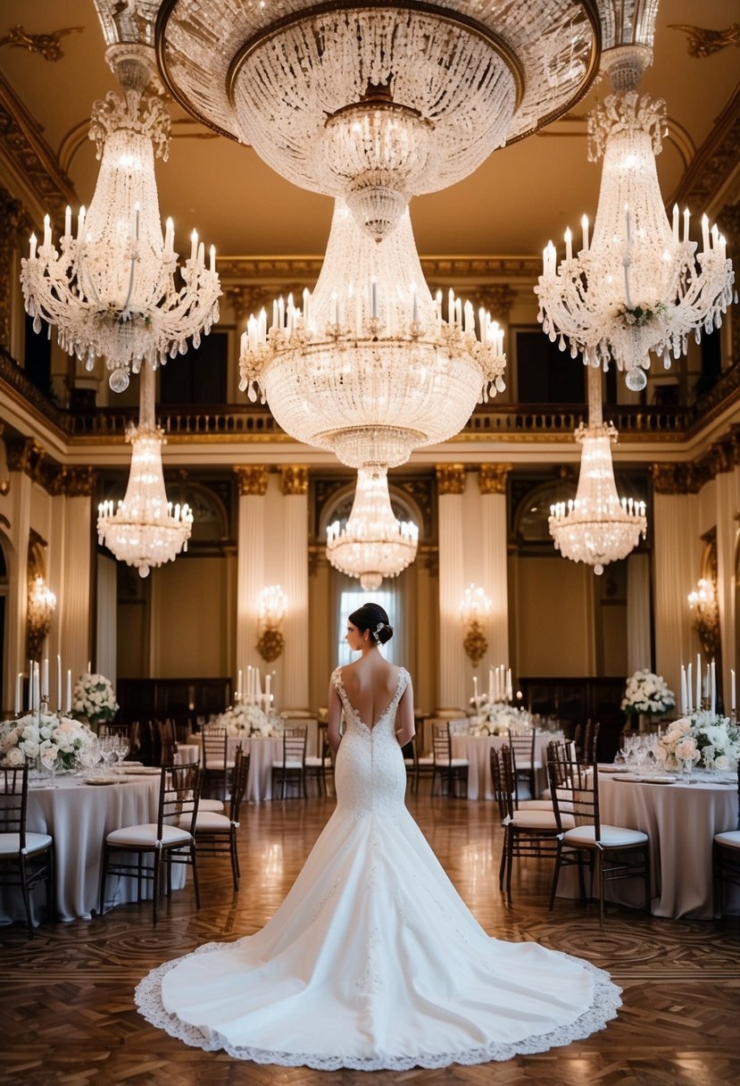 A grand ballroom with opulent chandeliers and ornate architecture, showcasing elegant Italian wedding gowns in classic styles