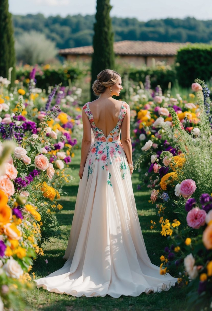 A garden filled with vibrant, flowing floral dresses, set against the backdrop of an Italian countryside wedding