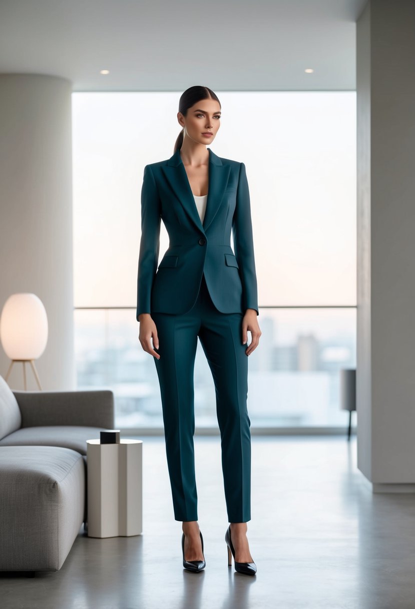 A sleek, tailored pantsuit in a modern setting with minimalist decor and soft lighting