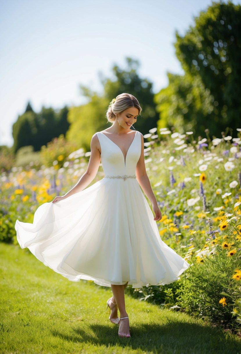 A bride twirls in a flowy, knee-length wedding dress, surrounded by wildflowers in a sunlit garden