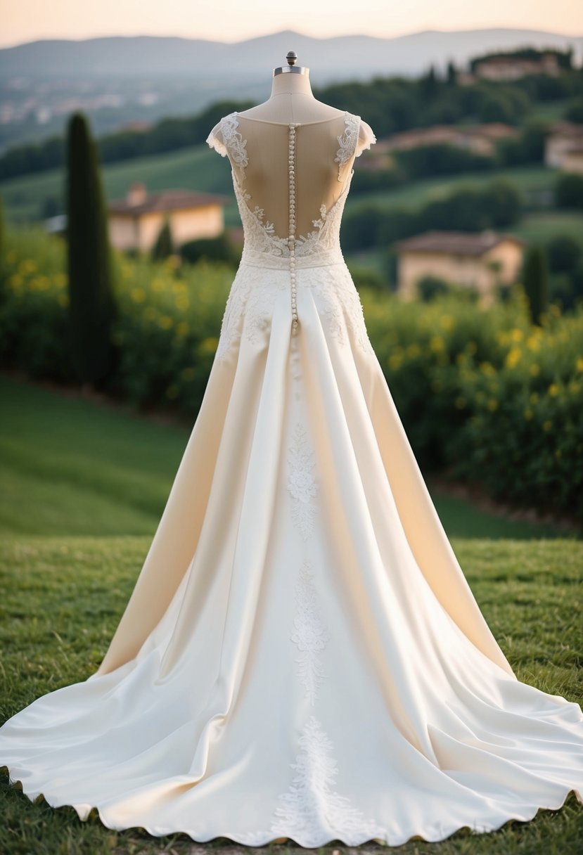 A flowing, ivory satin wedding dress with intricate lace details and a long train, set against a backdrop of lush Italian countryside