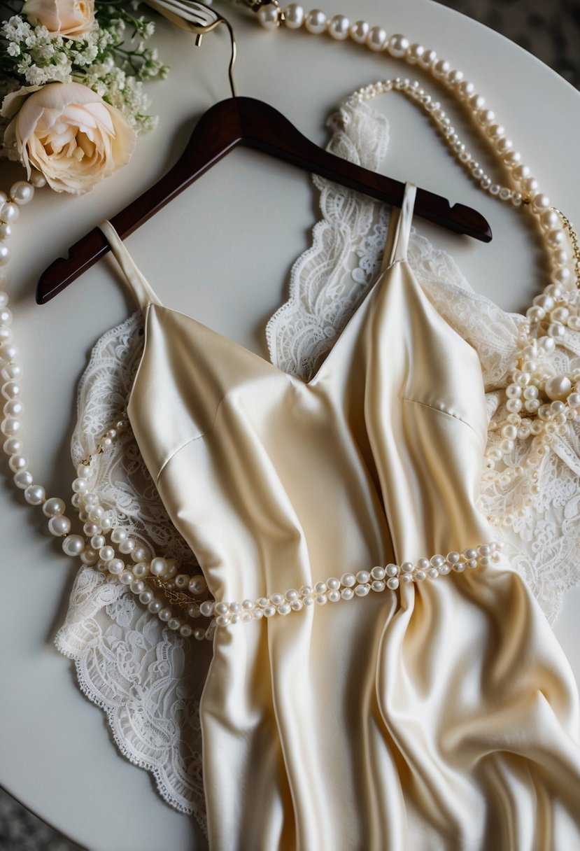 A luxurious silk slip dress draped over a velvet hanger, surrounded by delicate lace and pearl accessories