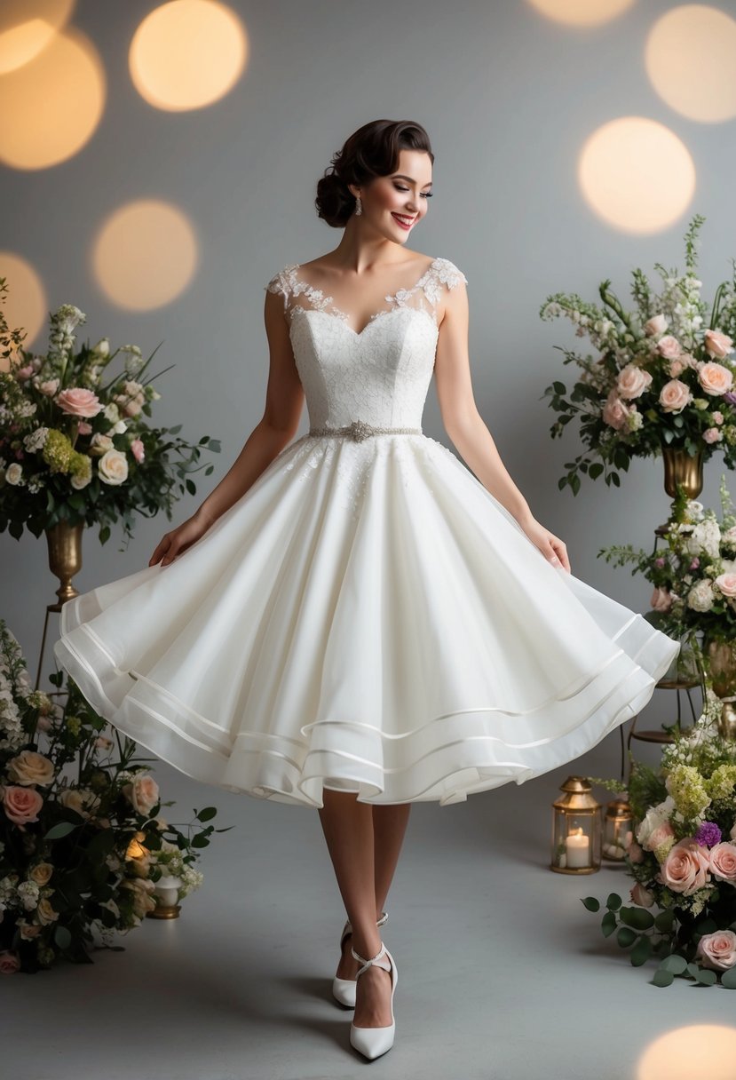 A bride twirls in a 1950s-style cocktail swing dress, surrounded by vintage-inspired decor and floral arrangements