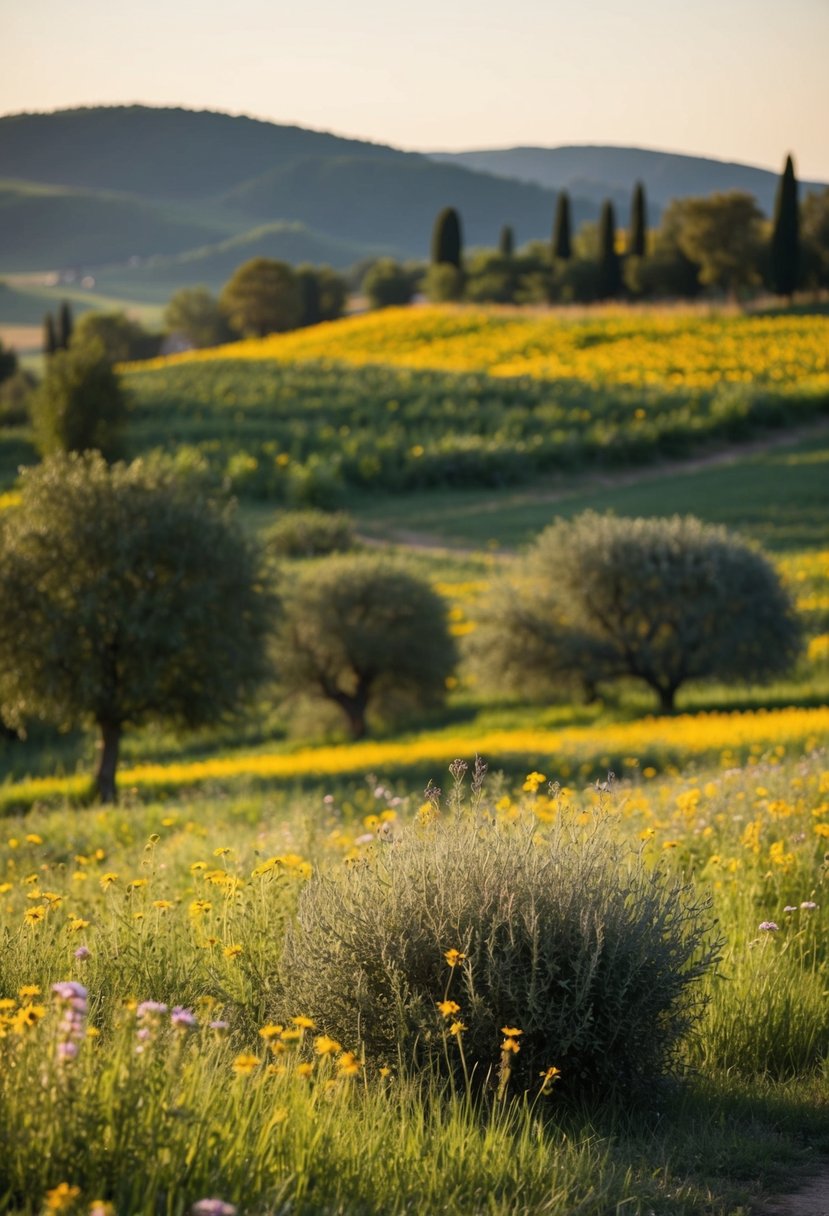 A sun-drenched Italian countryside with rolling hills and fields of wildflowers, a soft breeze carrying the scent of citrus and olive trees