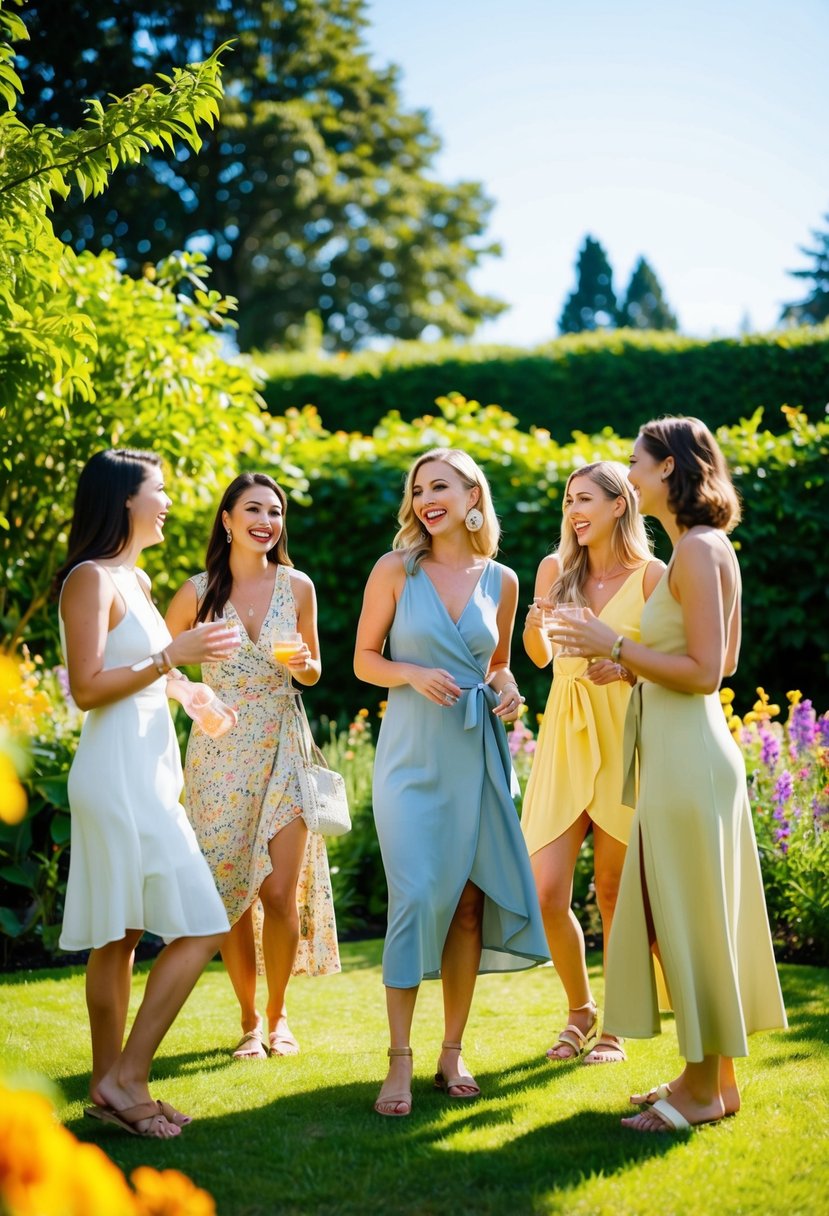 A sunny outdoor garden with a group of friends casually chatting and laughing, one woman wearing an effortless wrap dress, surrounded by lush greenery and colorful flowers