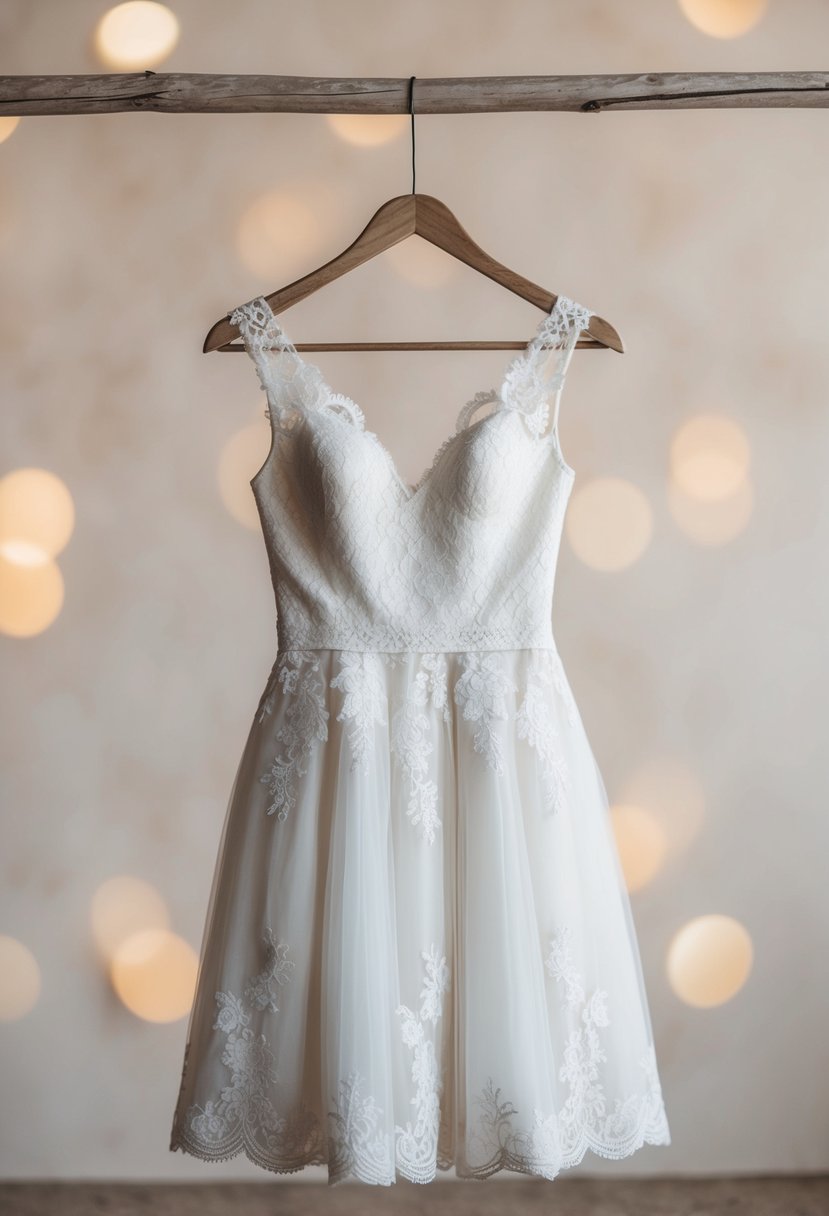 A lace-applique A-line short wedding dress hanging on a rustic wooden hanger against a soft, dreamy background