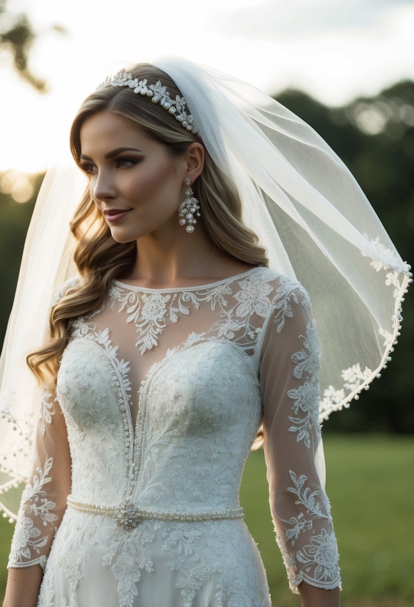 A white lace wedding dress with intricate floral embroidery and delicate beading, adorned with a flowing veil and pearl accessories