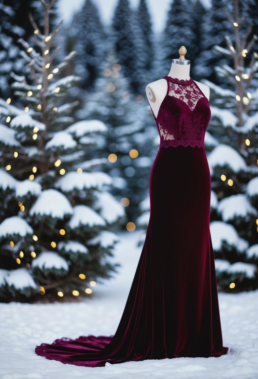 A velvet dress in deep burgundy, adorned with delicate lace and a high neckline, stands elegantly against a backdrop of snow-covered pine trees and twinkling fairy lights