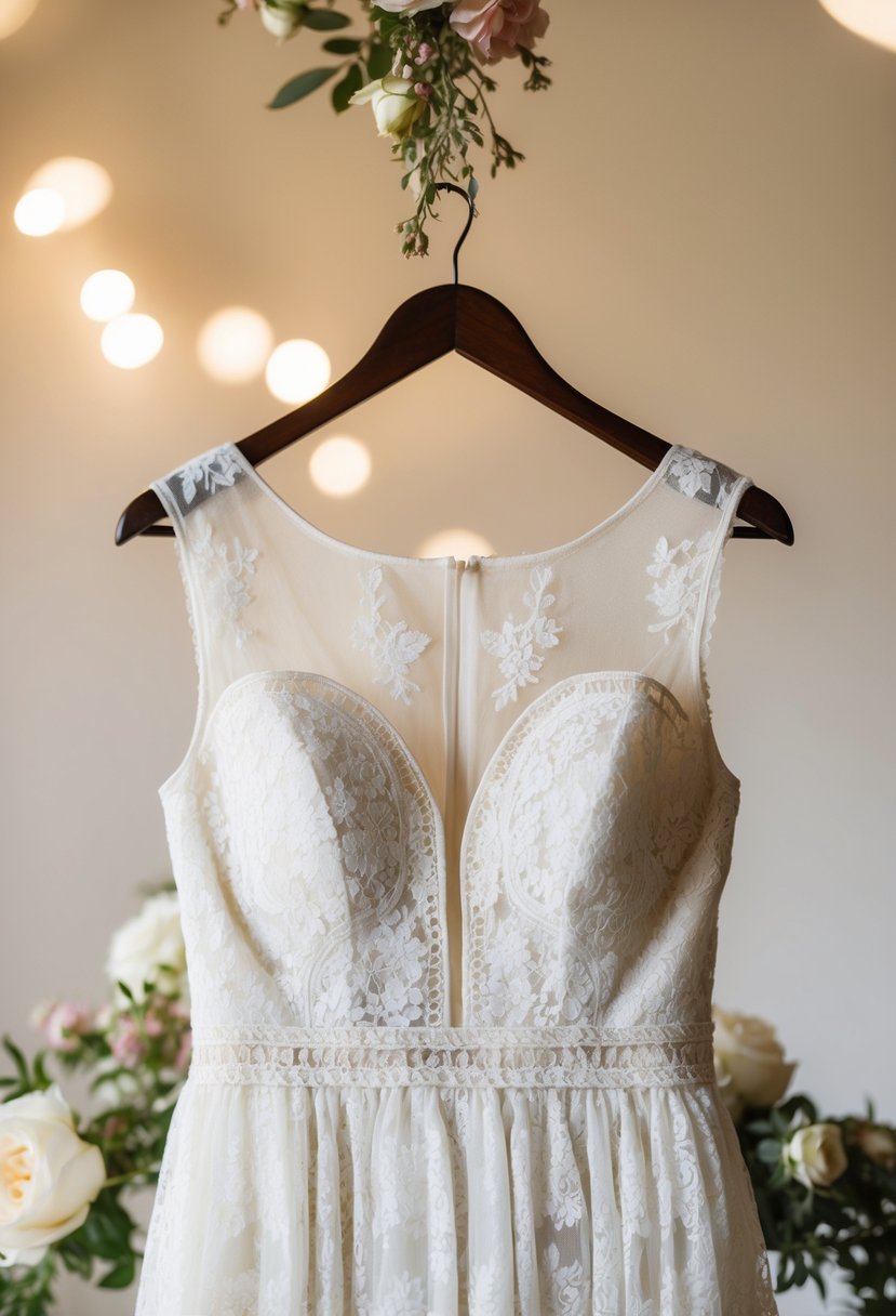 A delicate lace dress on a hanger, surrounded by soft lighting and a hint of floral accents