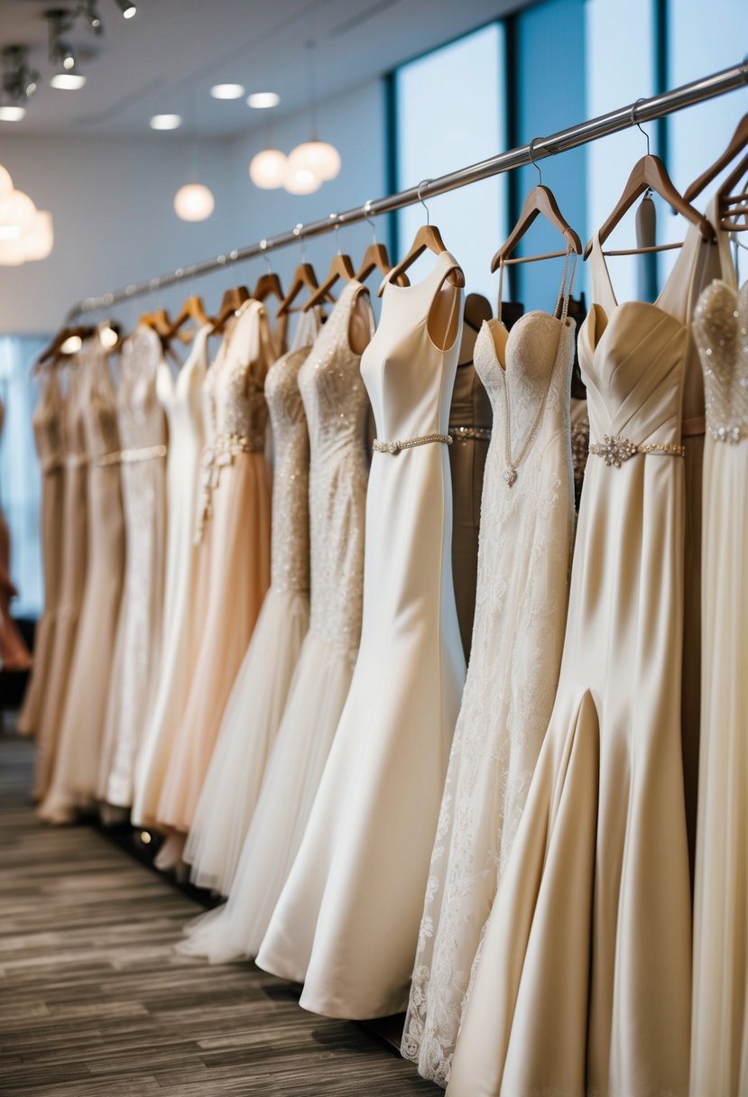 A row of elegant, form-fitting Italian wedding dresses on display