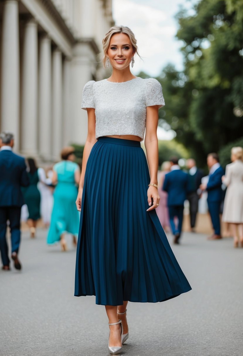 A pleated skirt paired with a stylish top, creating a unique and elegant wedding guest outfit