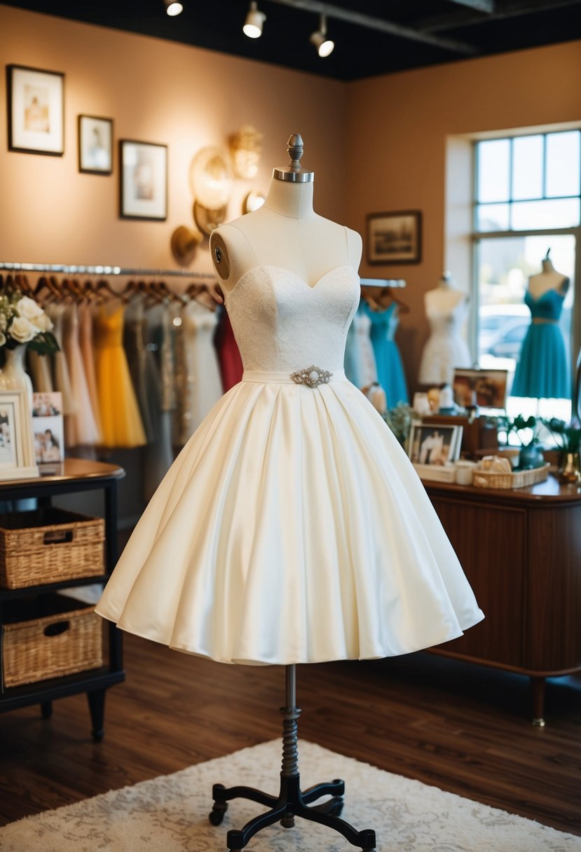 A retro 1960s-style short wedding dress displayed on a mannequin in a vintage-inspired boutique