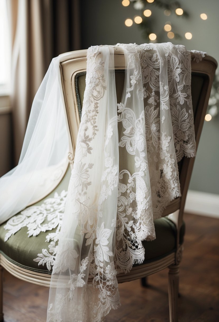 An ornate lace wedding dress drapes over a vintage chair, adorned with delicate handcrafted details