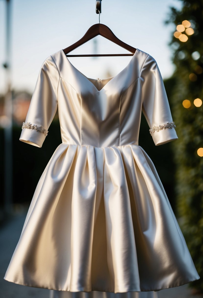 A satin mini wedding dress with sleeves hanging on a hanger