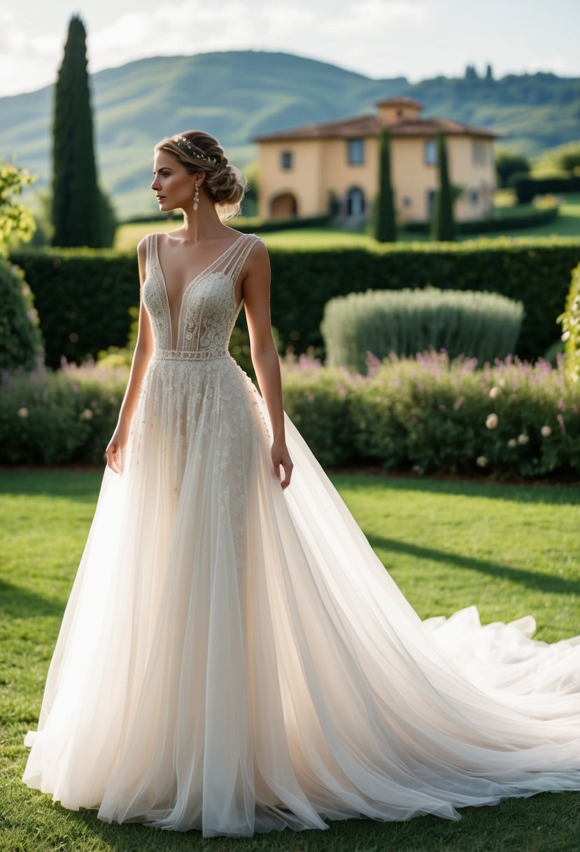 A lush garden setting with a flowing, ethereal wedding gown, adorned with delicate lace and intricate beading, set against a backdrop of rolling hills and a picturesque Italian villa