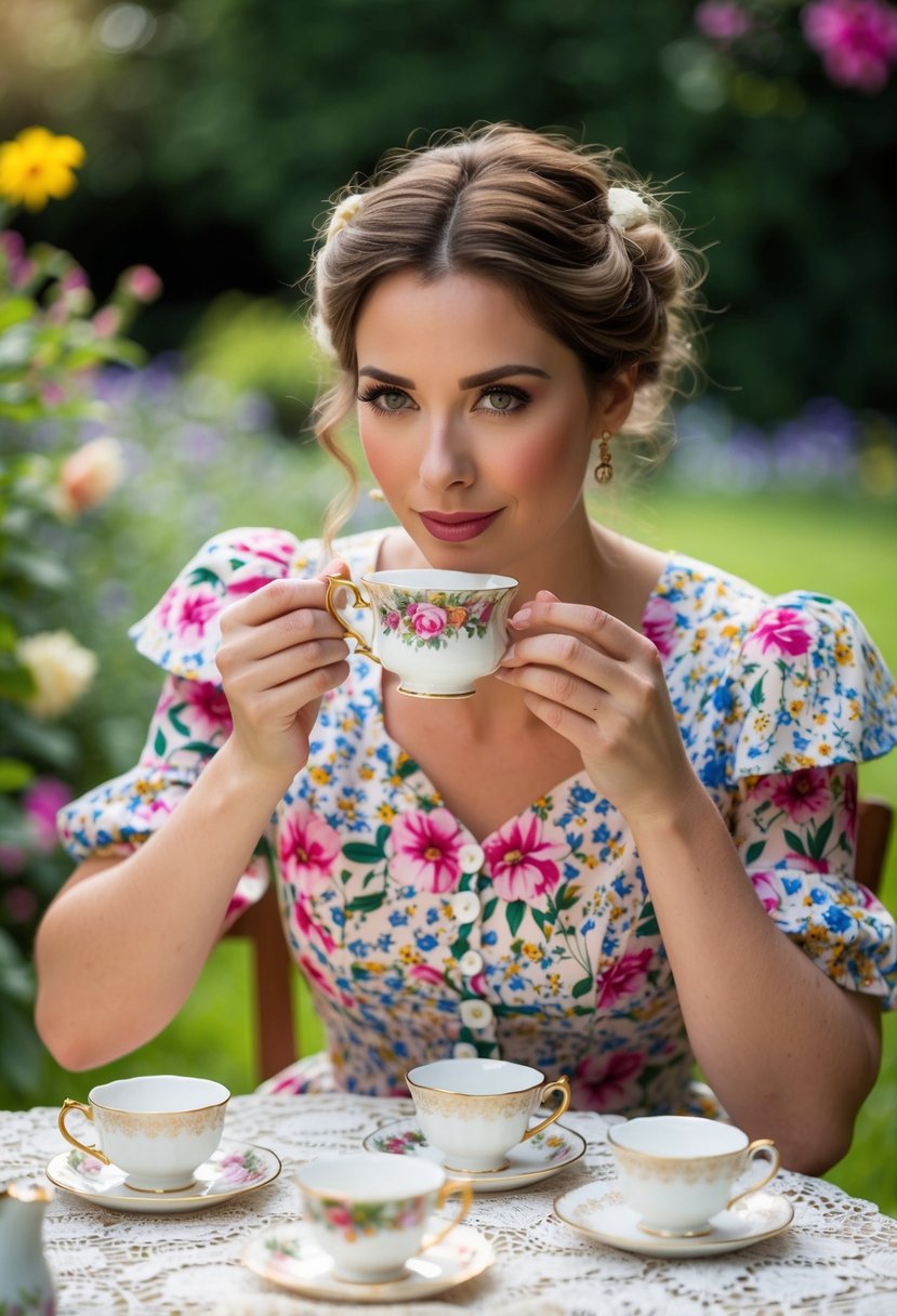 A woman in a floral tea dress sips tea in a garden, surrounded by vintage teacups and saucers on a lace tablecloth