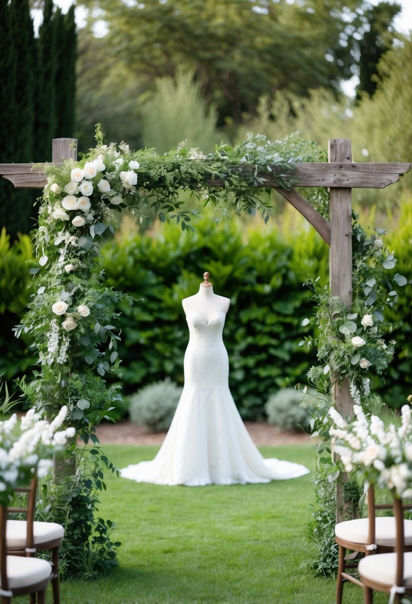 A serene garden setting with a rustic wooden arbor adorned with lush greenery and delicate white flowers, creating a romantic backdrop for an Italian wedding dress showcase