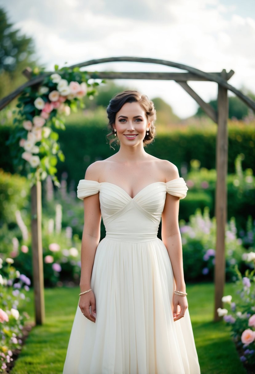 A bride in a vintage sweetheart neckline dress, standing in a garden with blooming flowers and a rustic wooden archway