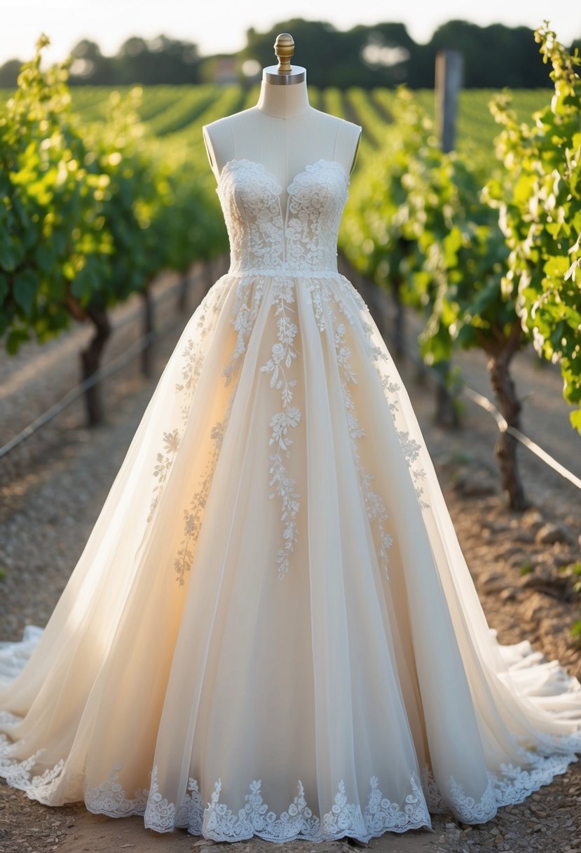 A lace-trimmed ivory gown with a flowing skirt, delicate floral appliques, and a sweetheart neckline showcased in a rustic Italian vineyard