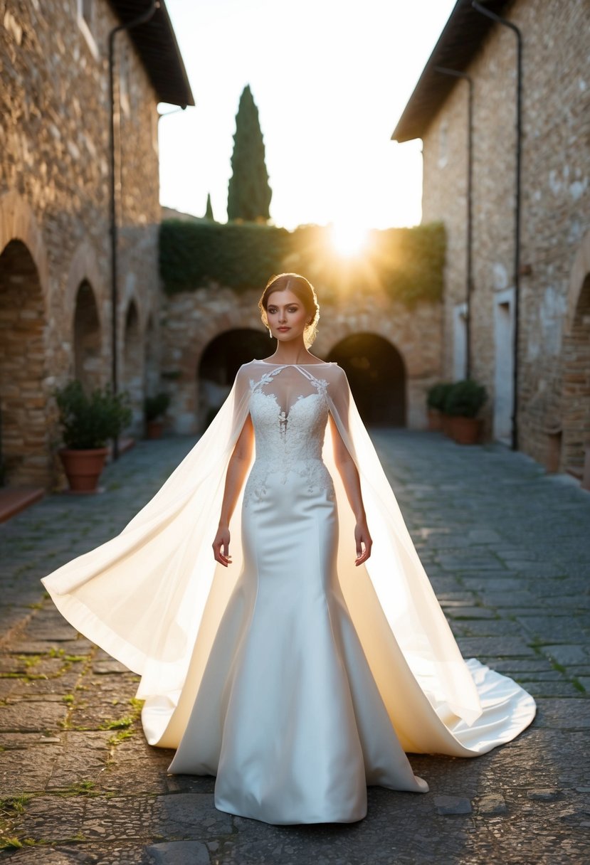 A bride stands in an Italian courtyard, wearing a flowing bridal cape over her elegant wedding dress. The sun sets behind ancient stone walls