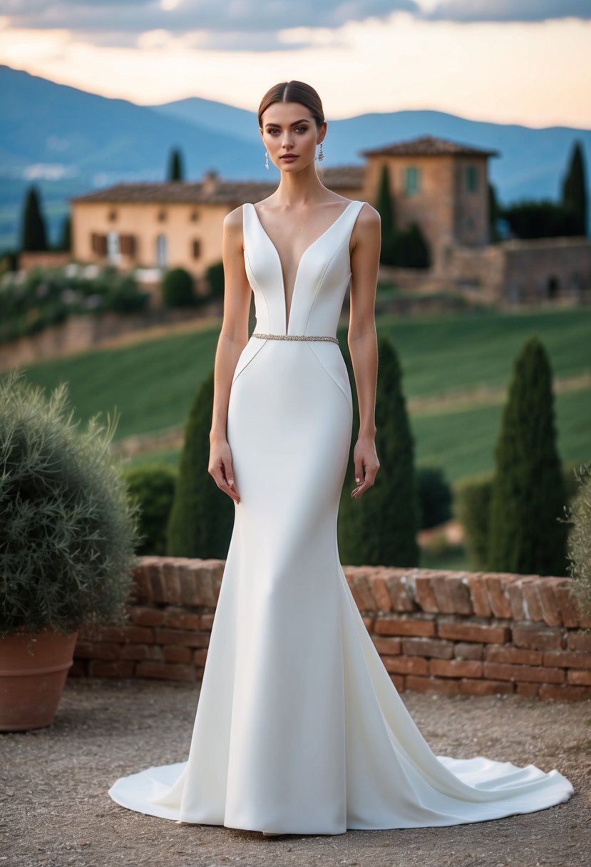 A sleek, chic Italian wedding dress with clean lines and elegant details, set against a backdrop of rolling Tuscan hills and a rustic villa